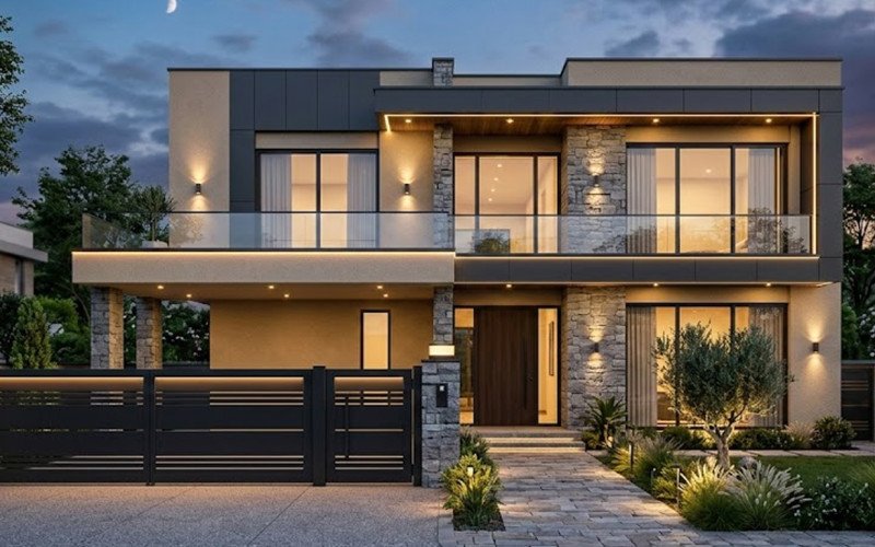 Luxury Modern House Elevation with Glass Balcony Design